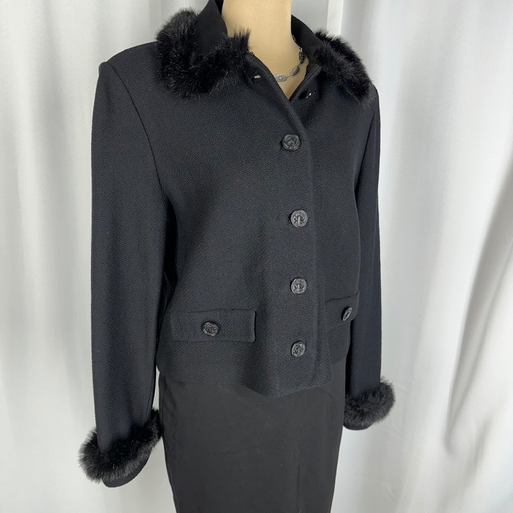 St John Collection Jacket Size 8 Black Wool Blend Faux Fur Trim USA